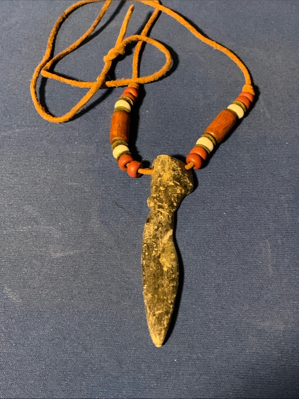 Handcrafted Stone Dagger Pendant Leather Necklace wood beads